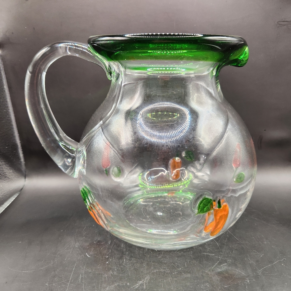 Hand Blown Large Clear & Green Glass Pitcher Red & Orange Peppers - Picture 3 of 7
